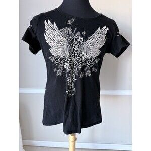 Women T-Shirt 1X Plus Black Studded Los Angeles Bus Stop Gothic Y2K Wings Cross